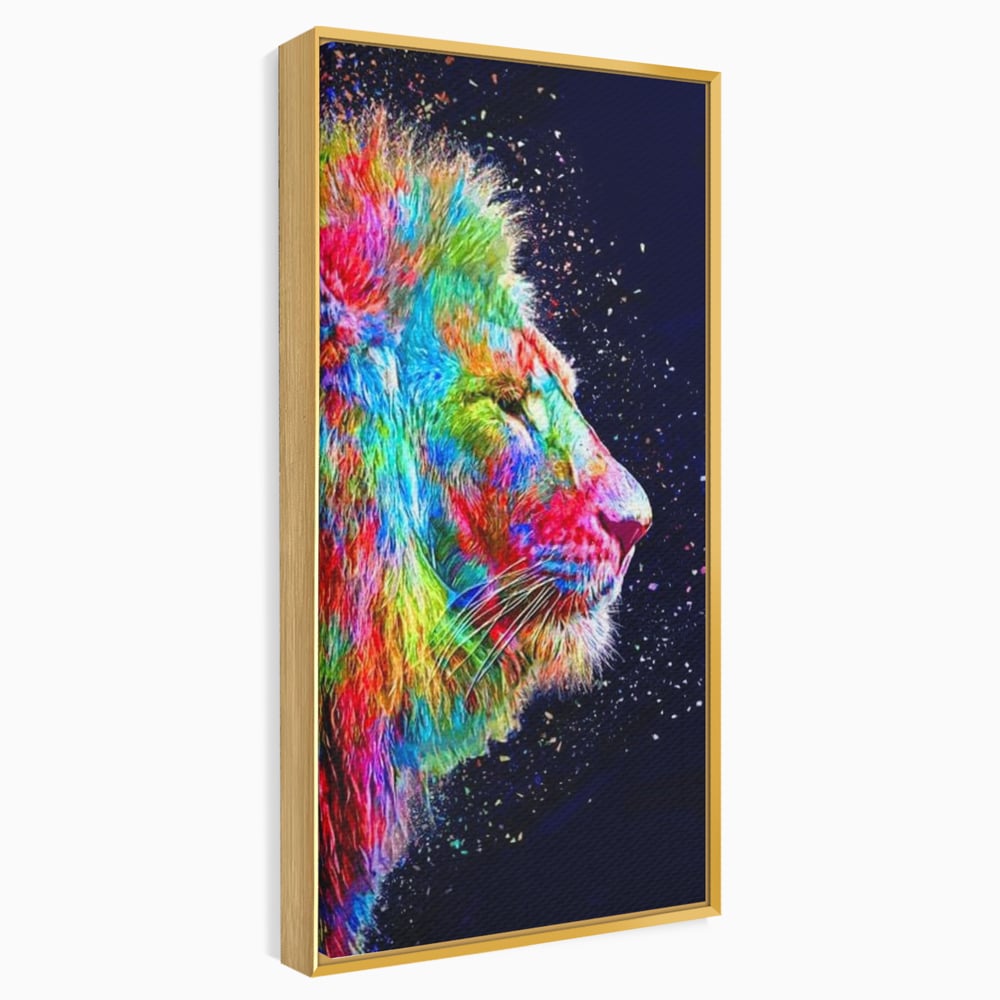Tablou canvas cu tablou canvas cu profil de leu multicolor, in rama de aluminiu auriu